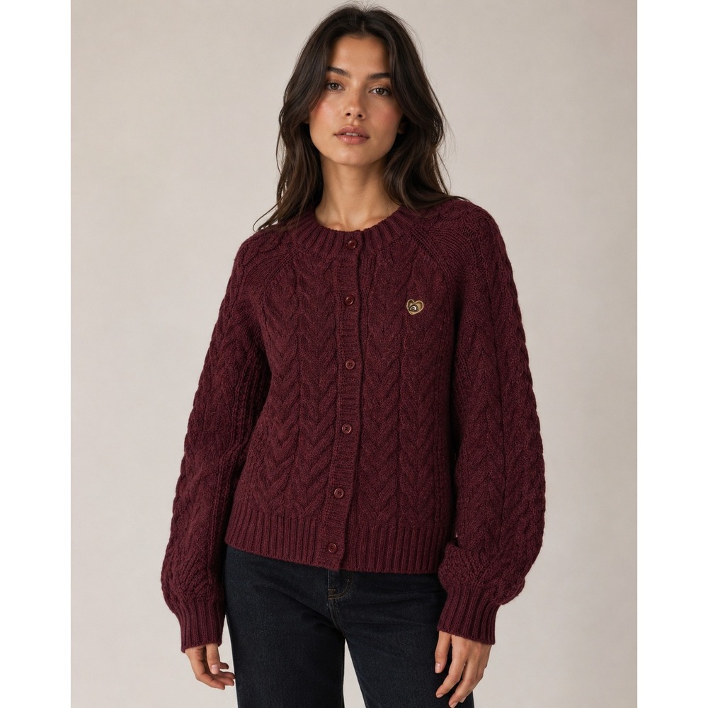 Aelfric Eden Burgundy Cable Knit Balloon Sleeve Cardigan Size S